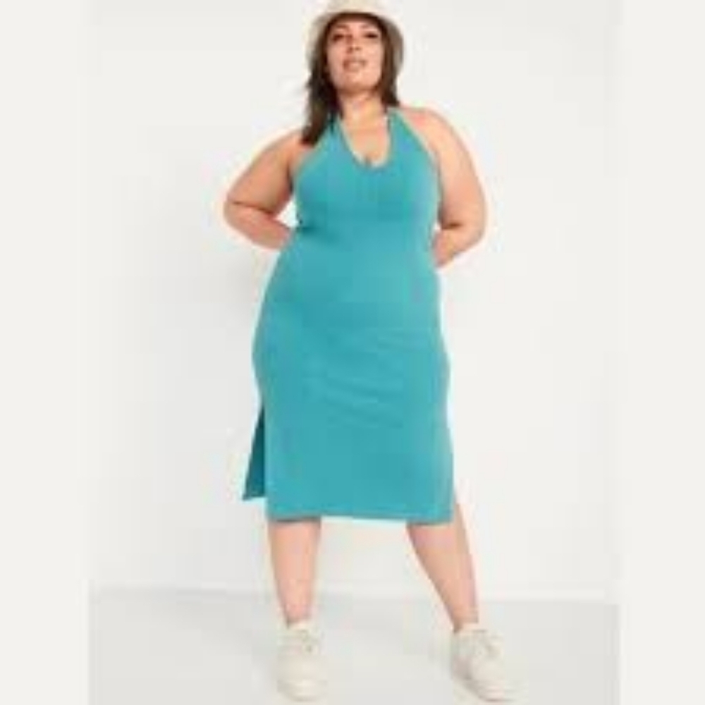 Old Navy #880312 Teal Blue Fitted Rib-Knit Halter Midi Dress NWT, size 3X